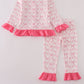 Pink bow tie pumpkin print ruffle pajamas set