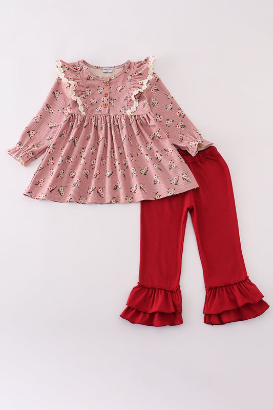 Floral corduroy lace ruffle pants set