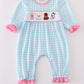 Blue farm embroidery gingham ruffle romper