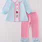 Blue farm embroidery gingham ruffle pants set
