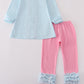 Blue farm embroidery gingham ruffle pants set