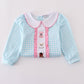 Blue farm embroidery gingham ruffle pants set
