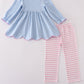 Blue airplane embroidery stripe ruffle pants set