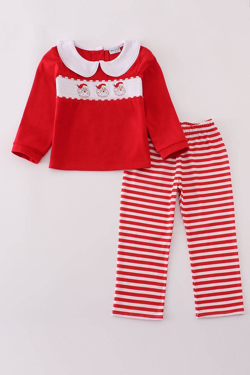 Red santa claus smocked stripe pants set