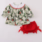 Green holly floral smocked bow bloomer set