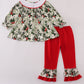 Green holly floral smocked ruffle pants set