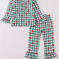 Green bow plaid ruffle pajamas set