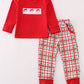 Red santa claus embroidery plaid pants set