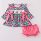 Blue christmas tree smocked ruffle bloomer set