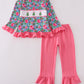 Blue christmas tree smocked ruffle pants set