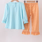 Blue christmas character embroidery ruffle pants set