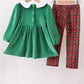 Green christmas tree applique velvet pants set