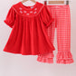 Red bow embroidery velvet ruffle pants set