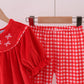 Red bow embroidery velvet ruffle pants set