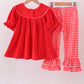 Red bow embroidery velvet ruffle pants set