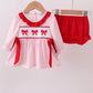 Pink bow embroidery gingham ruffle bloomer set