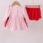 Pink bow embroidery gingham ruffle bloomer set