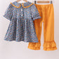 Navy floral smocked ruffle pants set