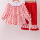 Red heart bow smocked ruffle pants set