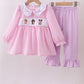Pink puppy embroidery seersucker ruffle pants set