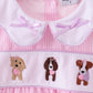 Pink puppy embroidery seersucker ruffle pants set