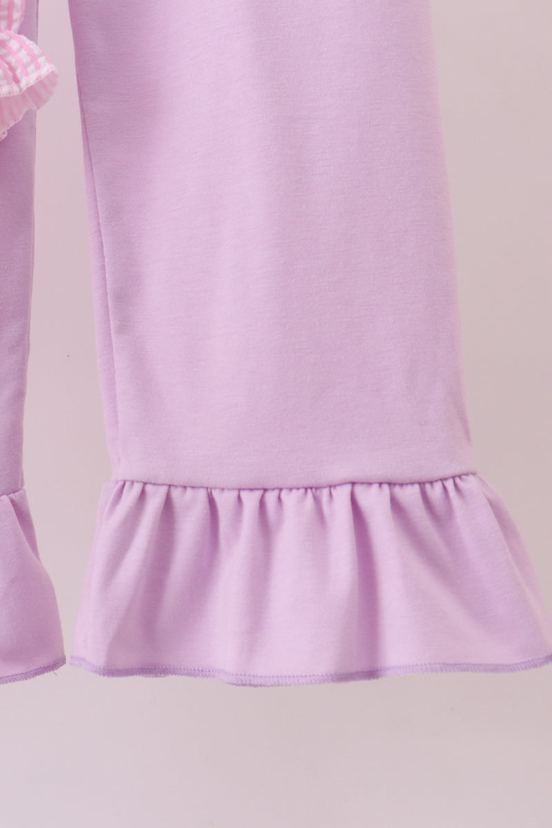 Pink puppy embroidery seersucker ruffle pants set