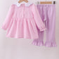 Pink puppy embroidery seersucker ruffle pants set