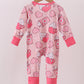 Pink heart print bamboo pajama ruffle zipper romper