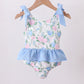 Blue floral smocked gingham one-piece swimsuit