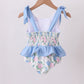 Blue floral smocked gingham one-piece swimsuit