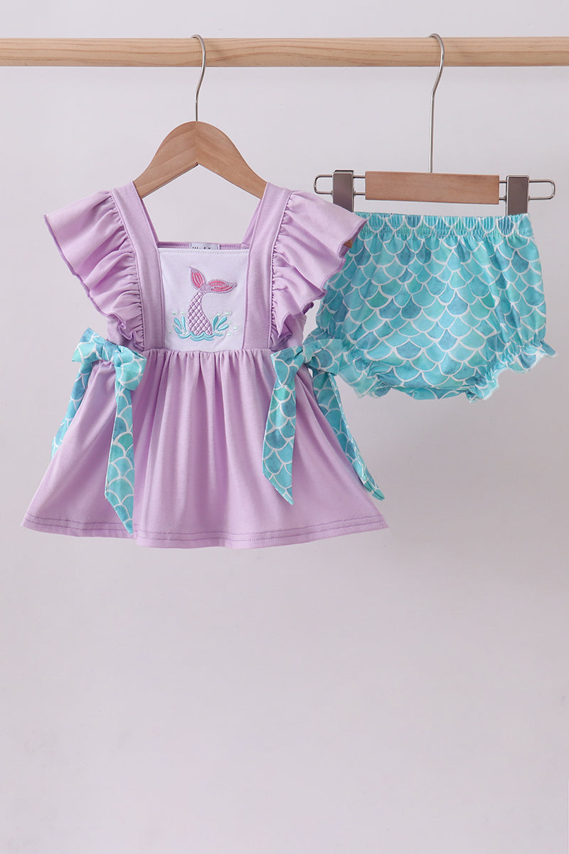 Purple mermaid embroidery ruffle bloomer set