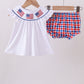 White flag smocked ruffle gingham bloomer set