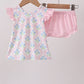 Pink hydrangea bow print ruffle bloomer set