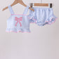 Blue bow embroidery seersucker ruffle 2pc swimsuit
