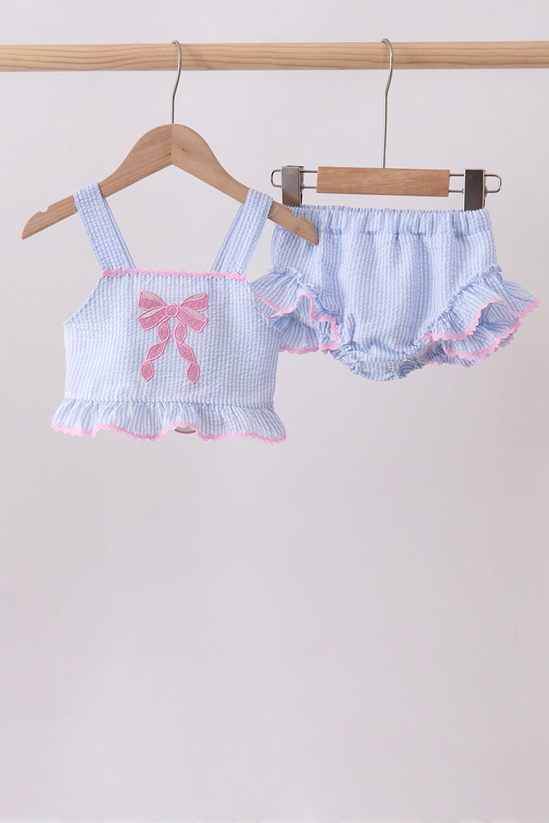 Blue bow embroidery seersucker ruffle 2pc swimsuit