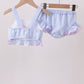 Blue bow embroidery seersucker ruffle 2pc swimsuit