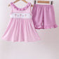 Pink floral bow smocked ruffle shorts set