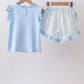 Blue character applique ruffle shorts set