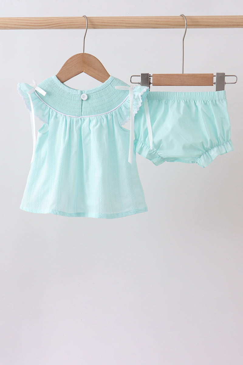 Blue starfish smocked jacquard ruffle bloomer set