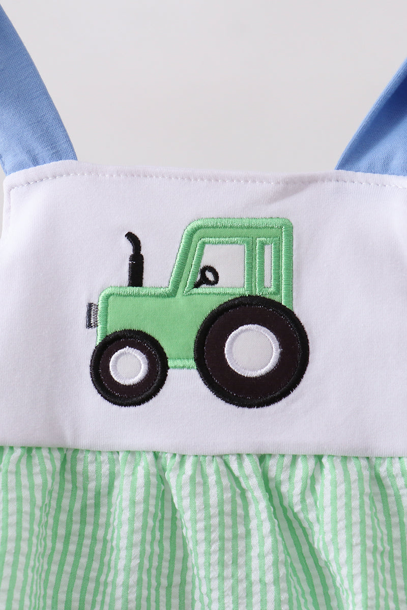 Green Tractor Applique Seersucker Bubble