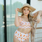 Orange floral print smocked bikini 2pc women swimsuit