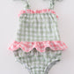 Green seersucker gingham one-piece girl swimsuit