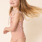 Terracotta stripe tie one piece girl swimsuit