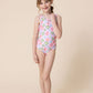 Floral print tie one piece girl swimsuit