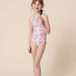 Floral print tie one piece girl swimsuit