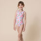 Floral print tie one piece girl swimsuit