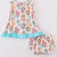 Blue character print ruffle girl bloomer set