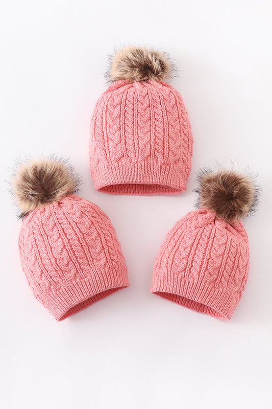 Bubblegum pink cable knit pom pom beanie hat baby toddler adult