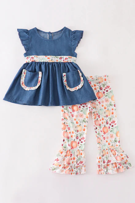 Denim pumpkin print girl set