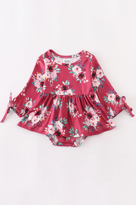 Floral ruffle baby romper plum